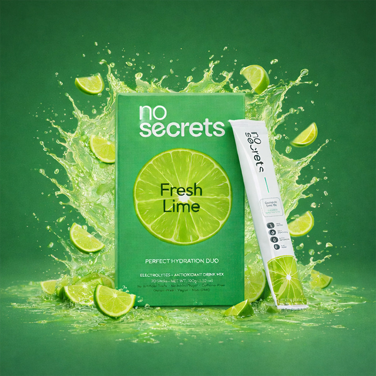 No Secrets Fresh Lime product packaging with lime slices on a green background
