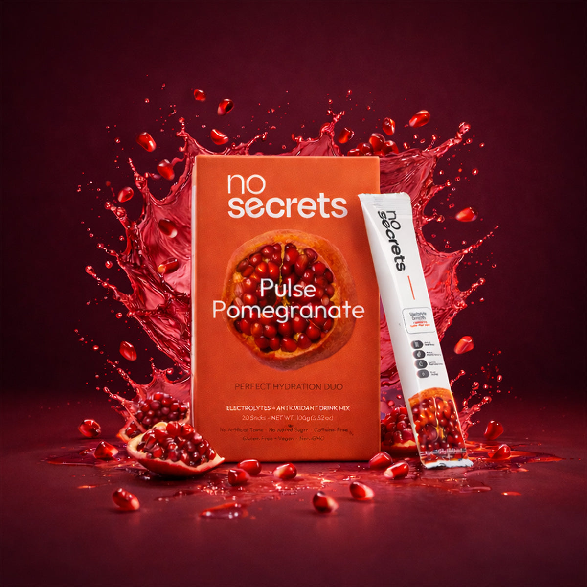 no secrets Pulse Pomegranate drink package with pomegranate seeds on a red background