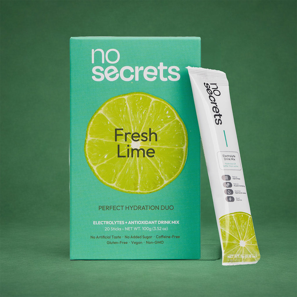 No Secrets Fresh Lime drink mix packaging on a green background