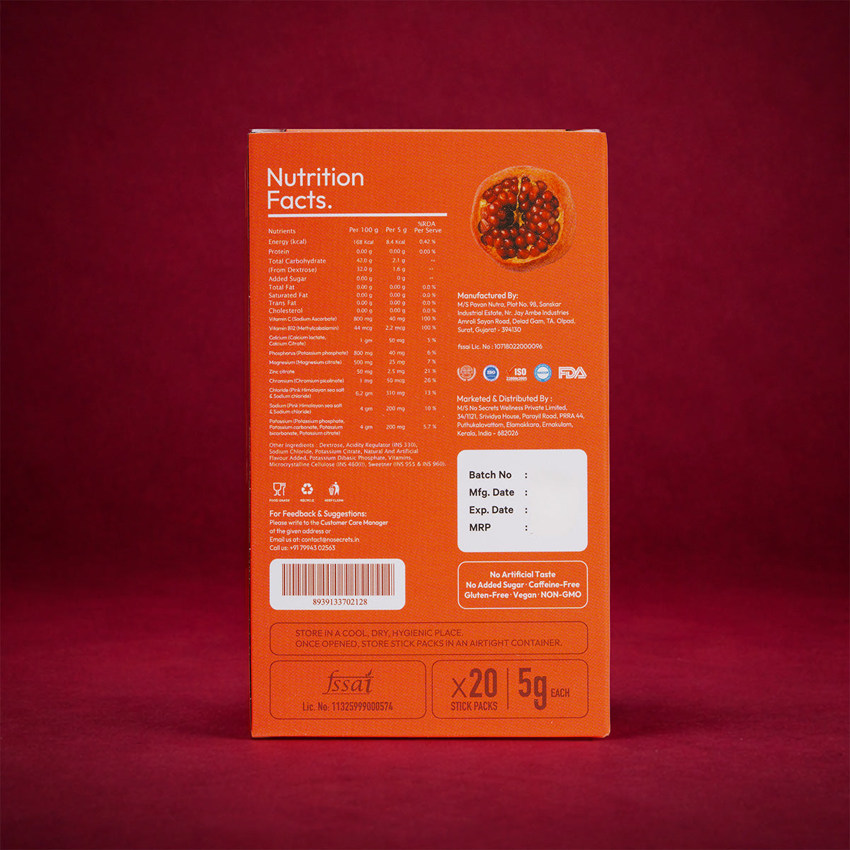 Nutrition facts label on an orange box with a red background